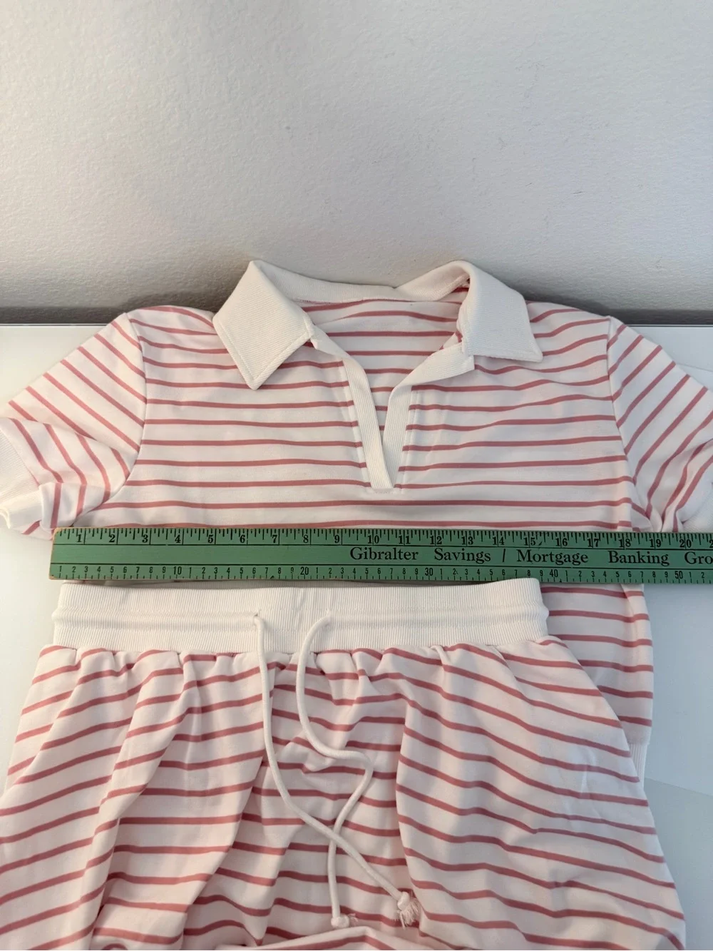Striped Pink & White Women's Skirt Set — Casual Polo Crop Top & Drawstring Skirt